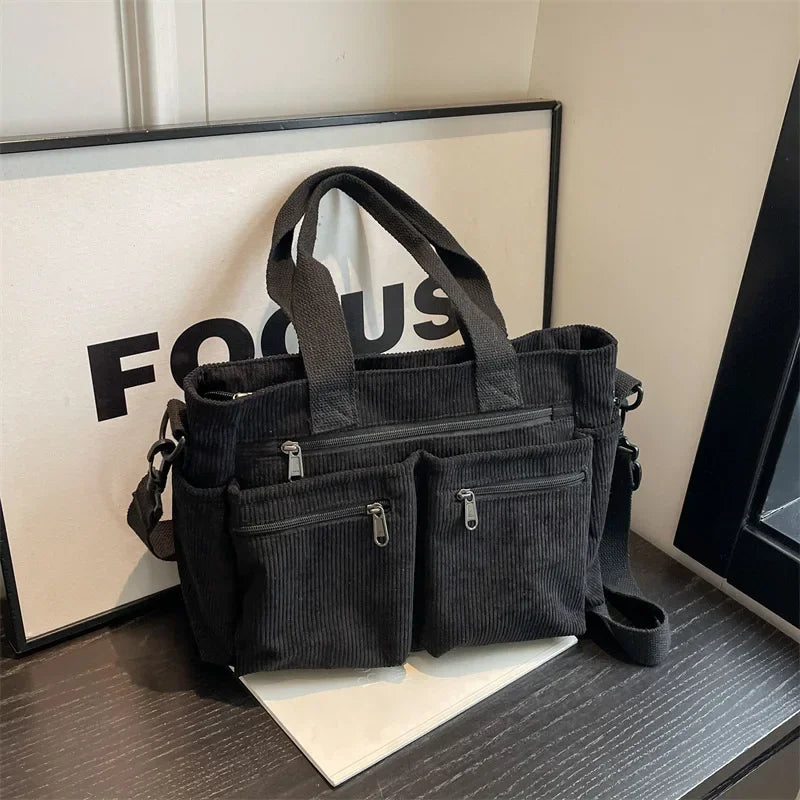 Corduroy tas - Multi-zak schoudertas met lange riem voor dames-Hallo Susanne