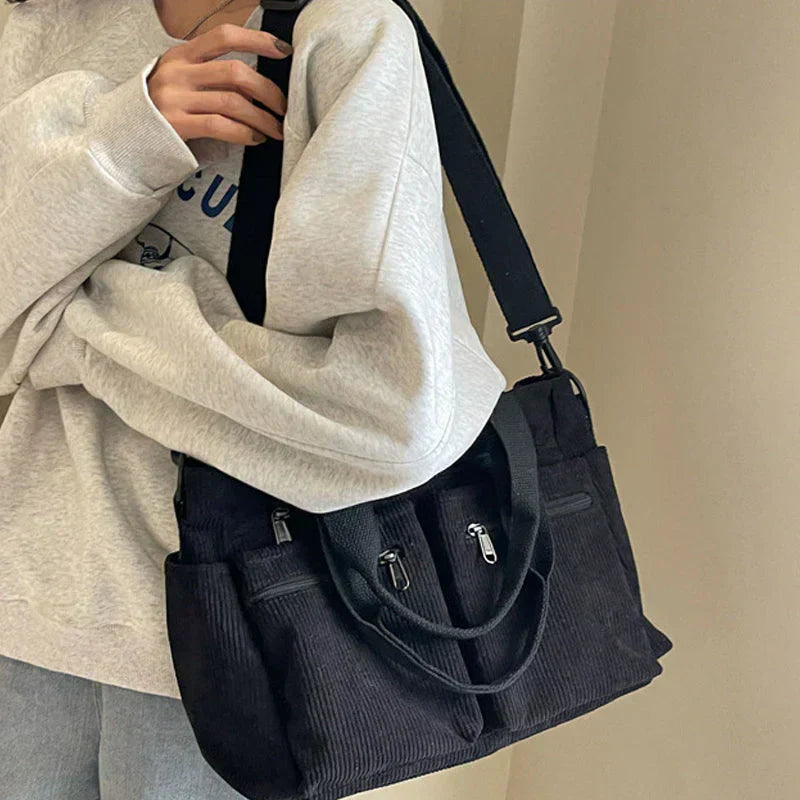 Corduroy tas - Multi-zak schoudertas met lange riem voor dames-Hallo Susanne