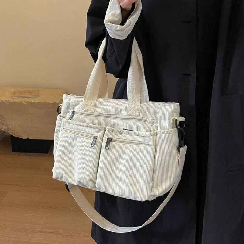 Corduroy tas - Multi-zak schoudertas met lange riem voor dames-Hallo Susanne