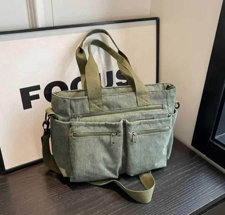 Corduroy tas - Multi-zak schoudertas met lange riem voor dames-Hallo Susanne