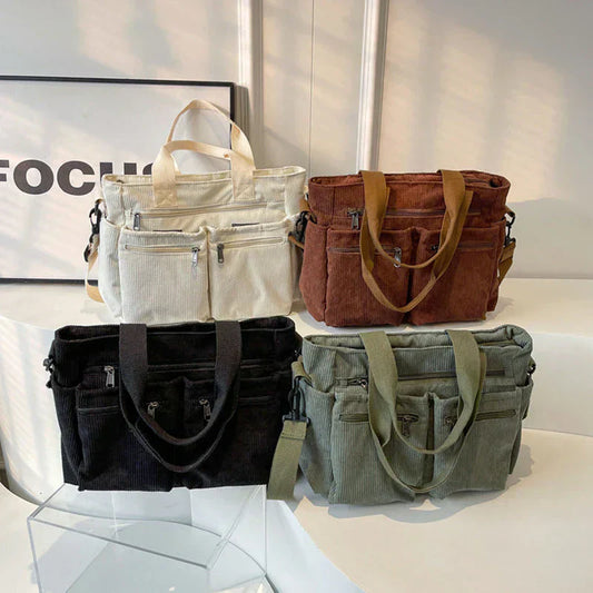 Corduroy tas - Multi-zak schoudertas met lange riem voor dames-Hallo Susanne