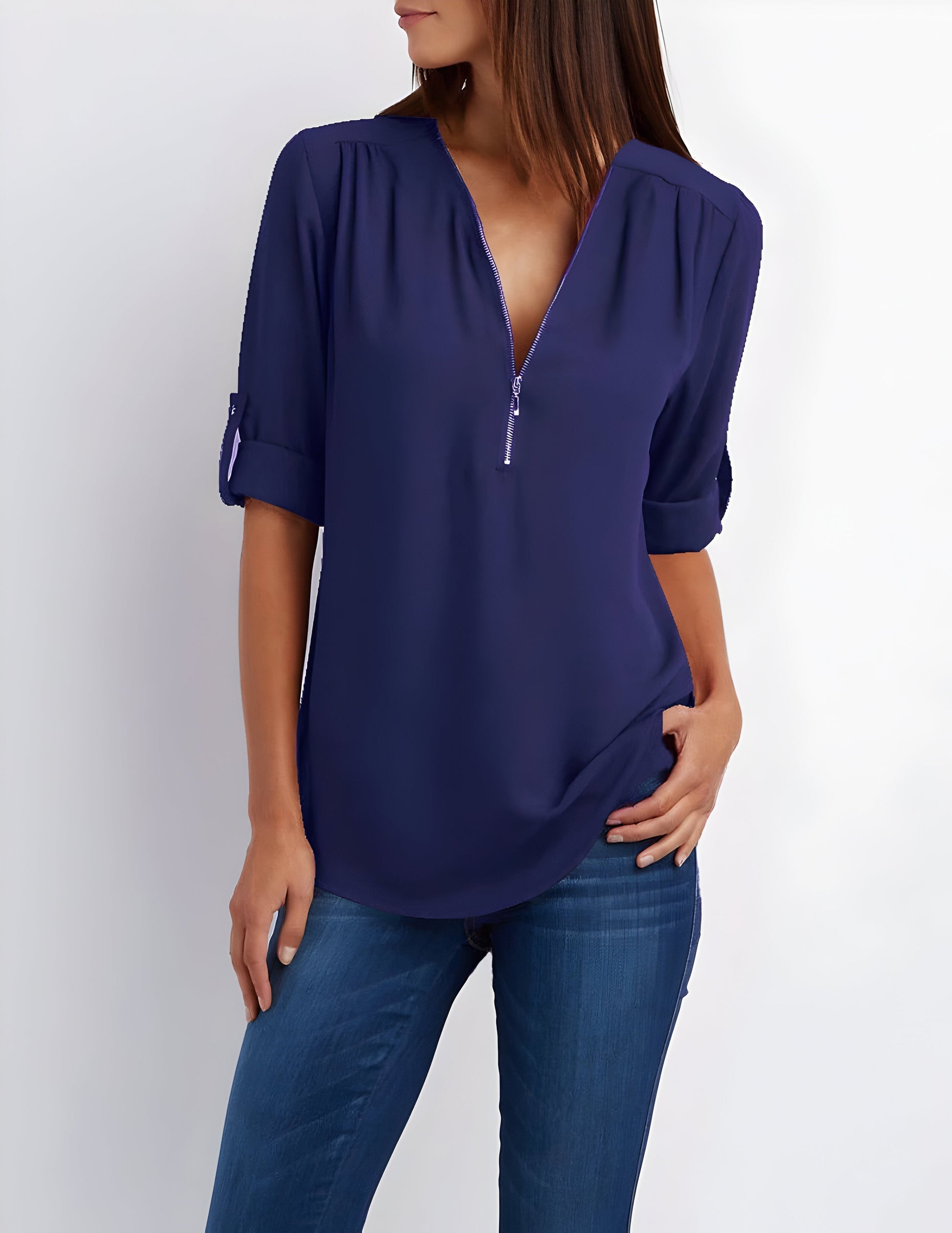 Damesblouse | Losse pasvorm | Lange mouwen | Zomertops | Tops met halve rits Dames-Hallo Susanne