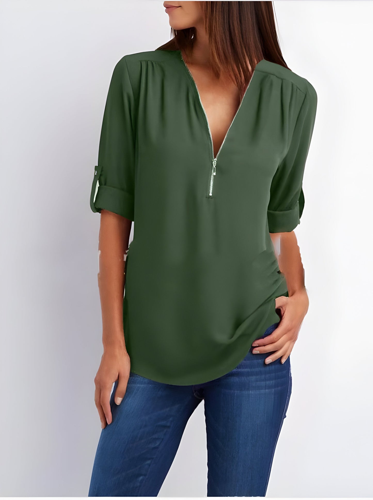 Damesblouse | Losse pasvorm | Lange mouwen | Zomertops | Tops met halve rits Dames-Hallo Susanne
