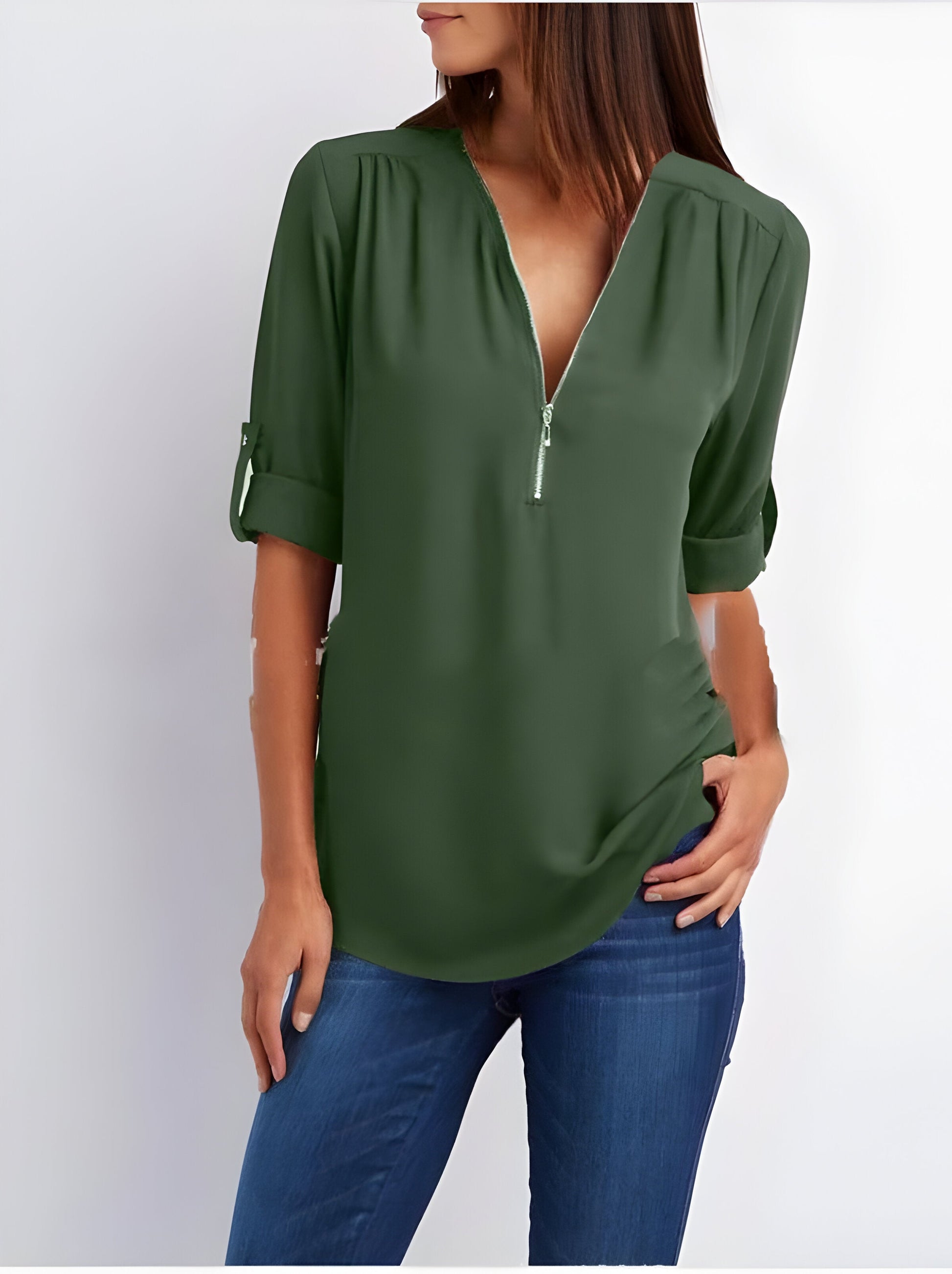 Damesblouse | Losse pasvorm | Lange mouwen | Zomertops | Tops met halve rits Dames-Hallo Susanne