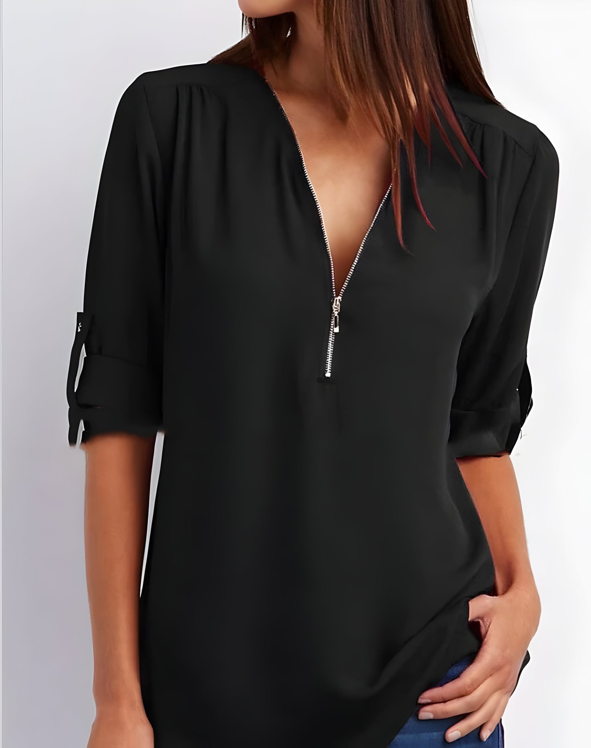 Damesblouse | Losse pasvorm | Lange mouwen | Zomertops | Tops met halve rits Dames-Hallo Susanne