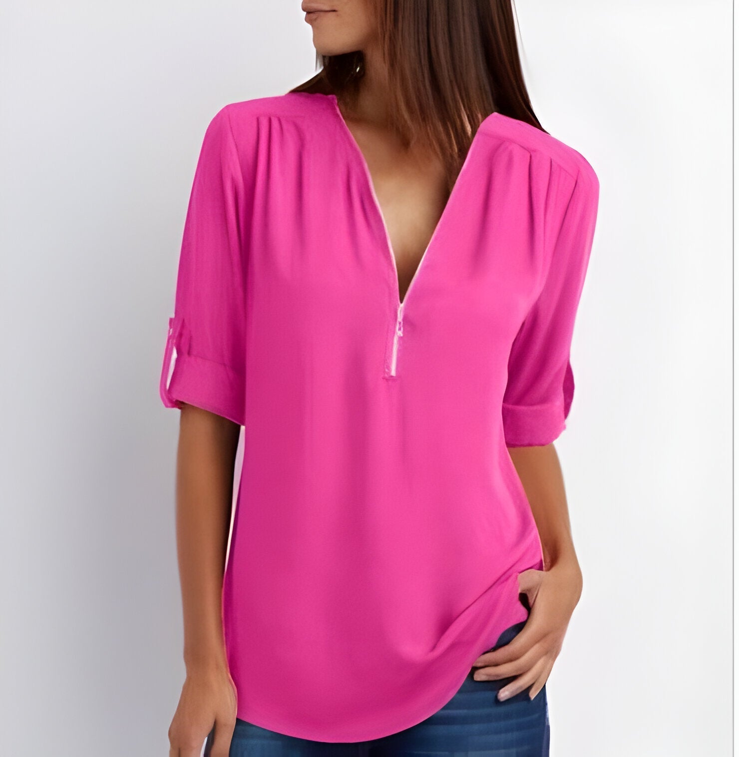 Damesblouse | Losse pasvorm | Lange mouwen | Zomertops | Tops met halve rits Dames-Hallo Susanne