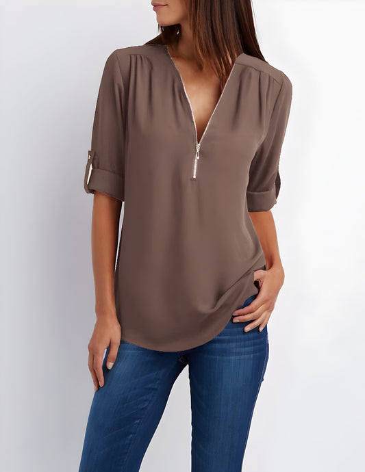Damesblouse | Losse pasvorm | Lange mouwen | Zomertops | Tops met halve rits Dames-Hallo Susanne