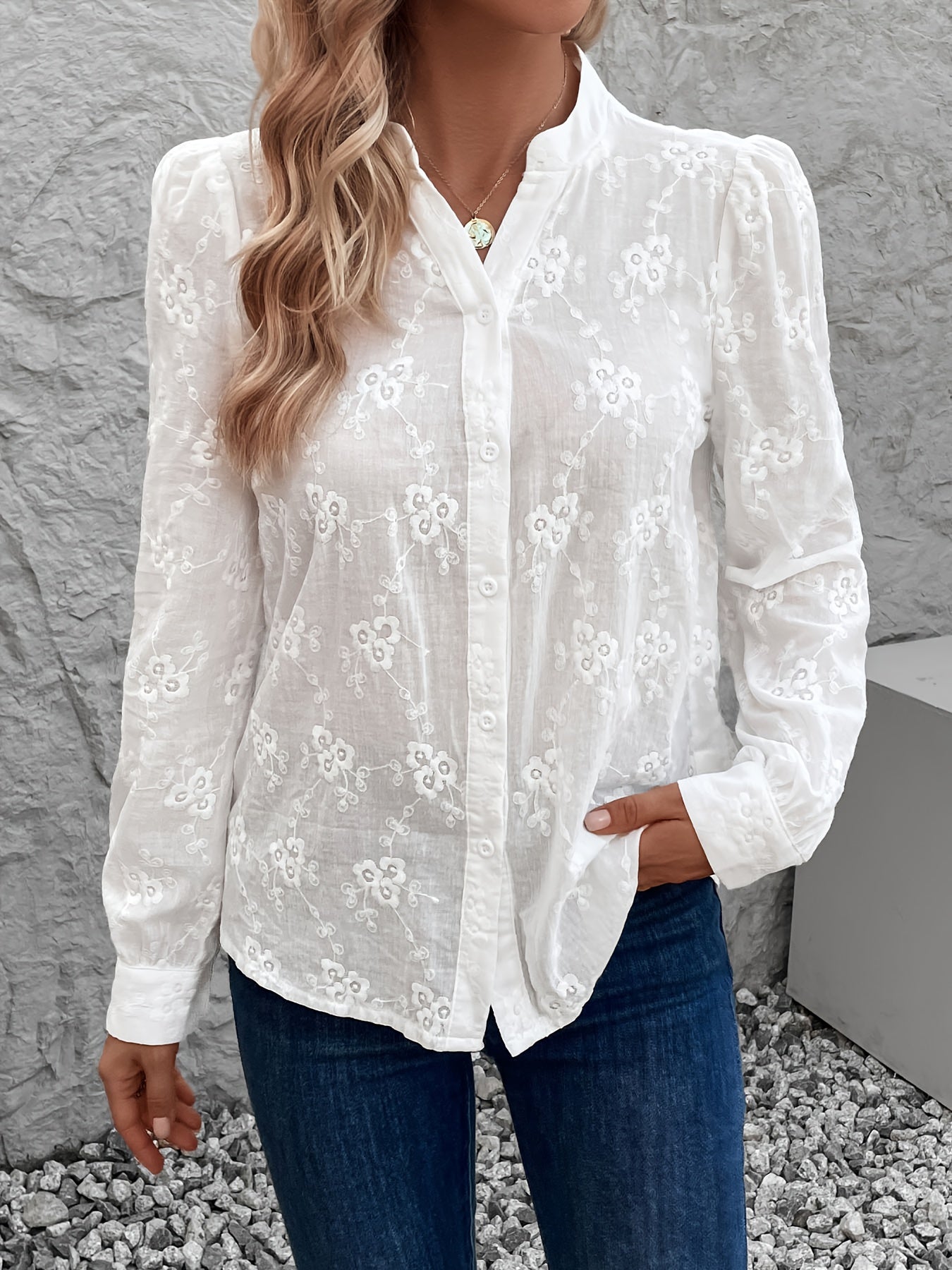 Damesoverhemd - Geborduurd - Lange mouwen - Wit overhemd - Blouse met knopen-Hallo Susanne