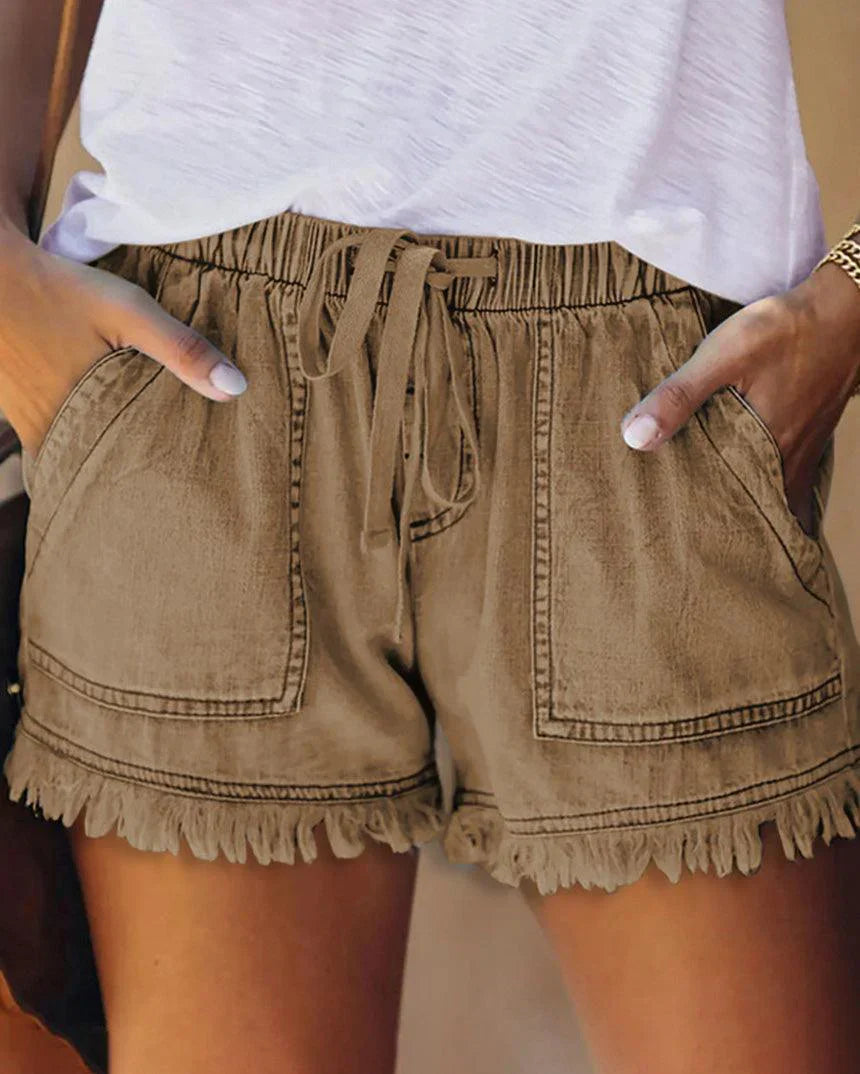 Denim Korte Broek - Dames Mini Shorts met Elastische Taille en Koord voor de Zomer-Hallo Susanne