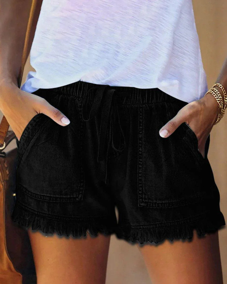 Denim Korte Broek - Dames Mini Shorts met Elastische Taille en Koord voor de Zomer-Hallo Susanne