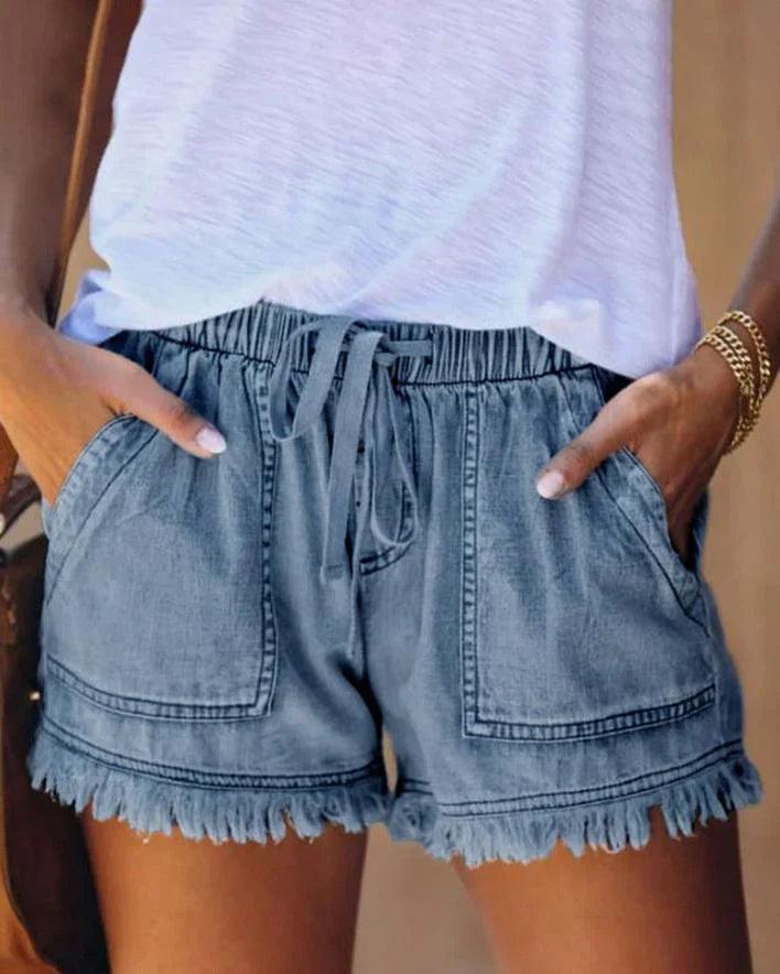 Denim Korte Broek - Dames Mini Shorts met Elastische Taille en Koord voor de Zomer-Hallo Susanne