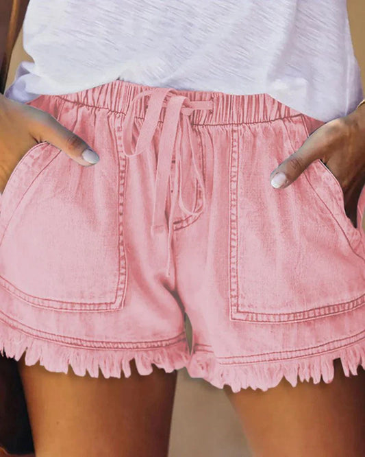 Denim Korte Broek - Dames Mini Shorts met Elastische Taille en Koord voor de Zomer-Hallo Susanne