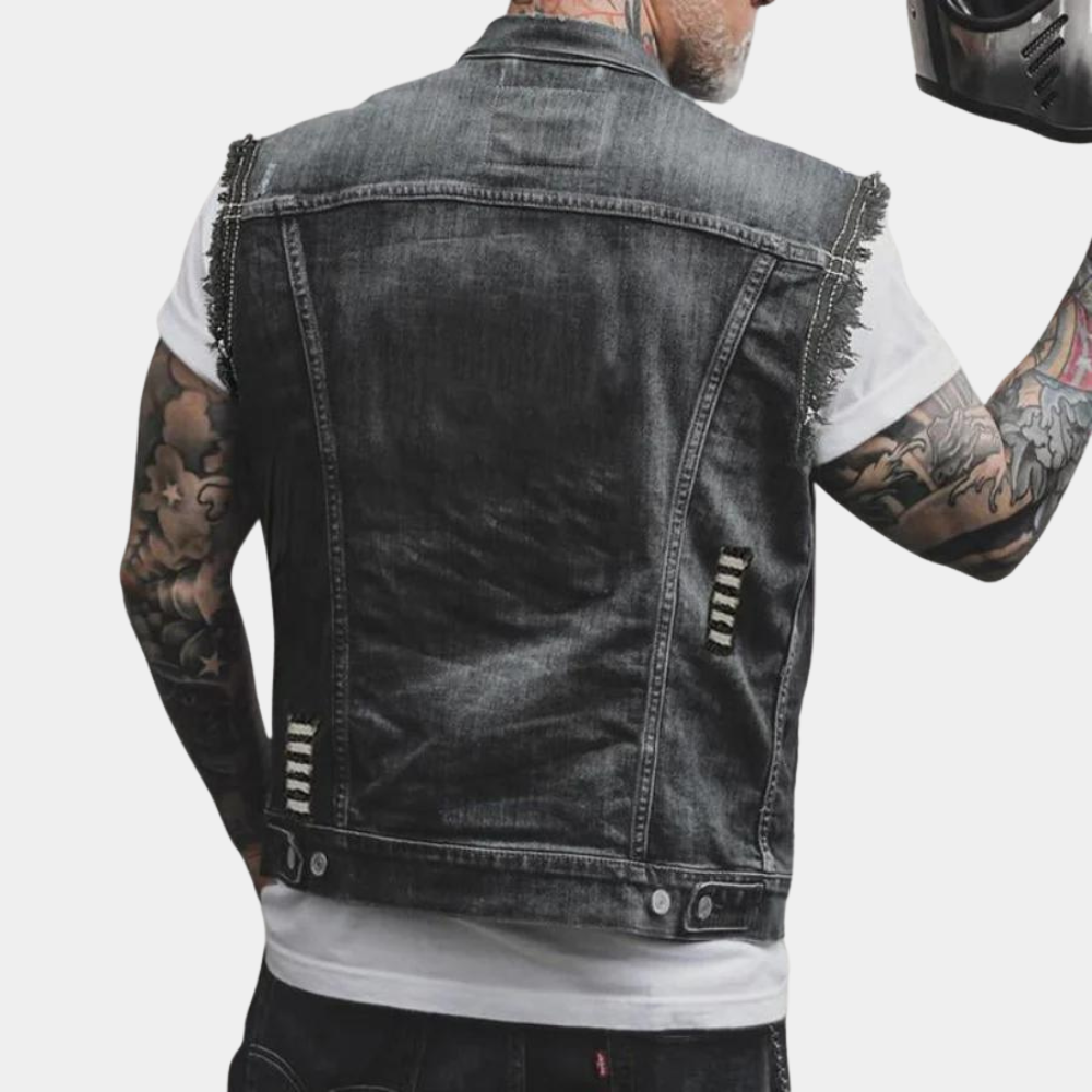 Denim Vest - Heren mouwloos zwart geript denim gilet-Hallo Susanne