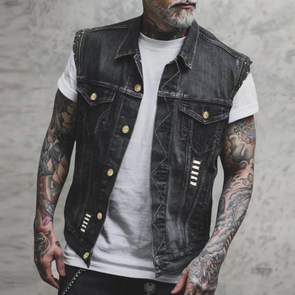 Denim Vest - Heren mouwloos zwart geript denim gilet-Hallo Susanne