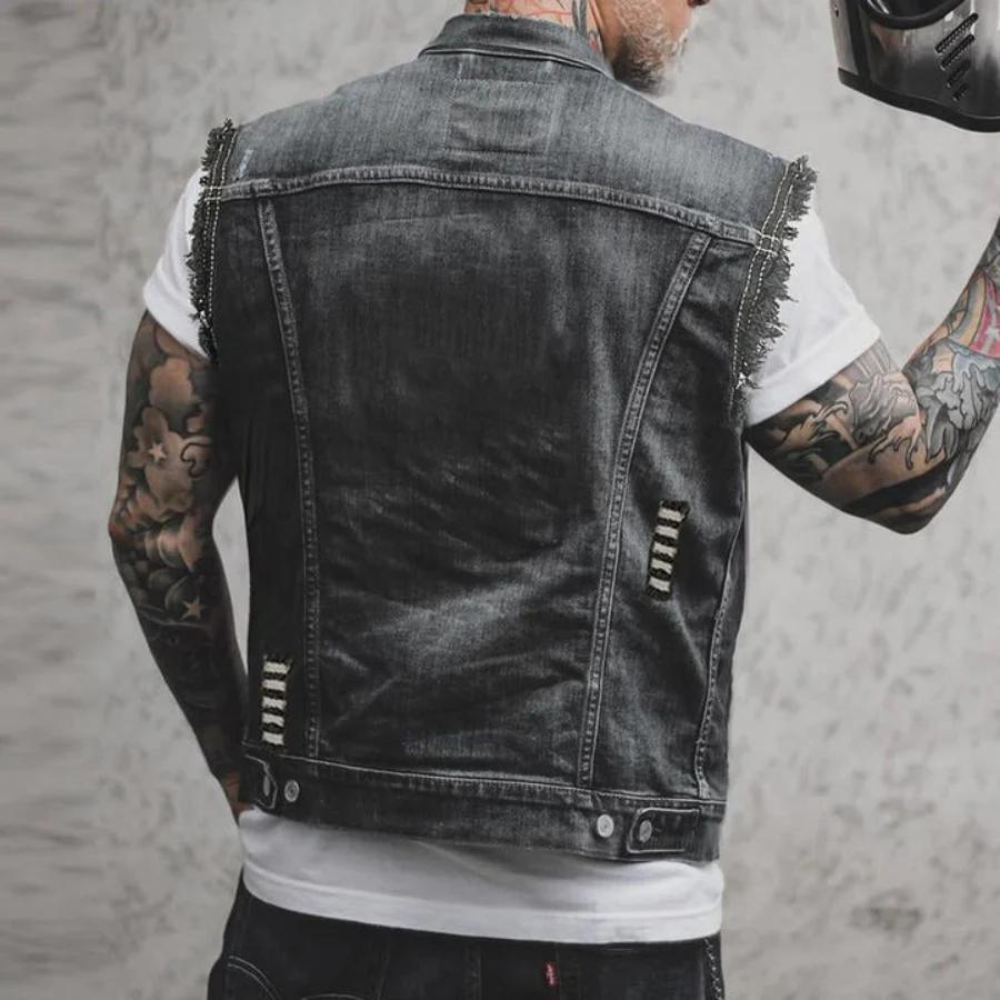 Denim Vest - Heren mouwloos zwart geript denim gilet-Hallo Susanne