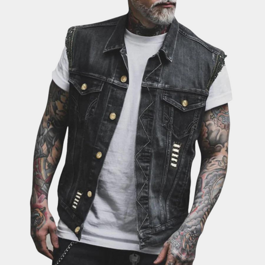 Denim Vest - Heren mouwloos zwart geript denim gilet-Hallo Susanne