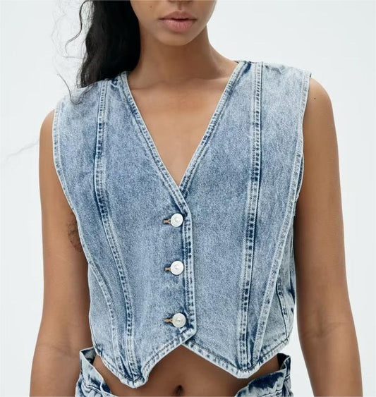Denim Vest | Mouwloos | Knoopsluiting | Cropped Denim Vest | Vrouwenvest-Hallo Susanne