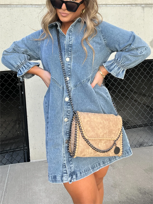 Denim jurk - Lange mouwen - Losse pasvorm - Mini denim jurk - Overhemdjurk-Hallo Susanne