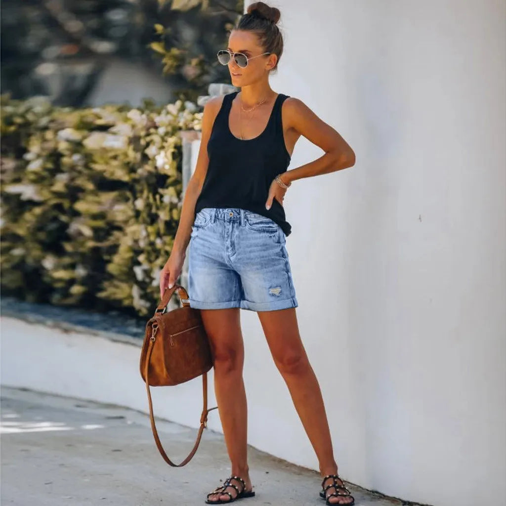 Denim korte broek | Gescheurd | Lichtblauw | Jeans korte broek | Korte broek voor dames-Hallo Susanne