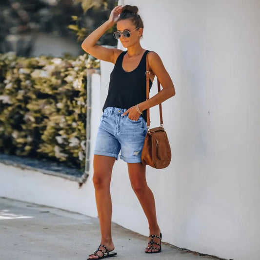 Denim korte broek | Gescheurd | Lichtblauw | Jeans korte broek | Korte broek voor dames-Hallo Susanne
