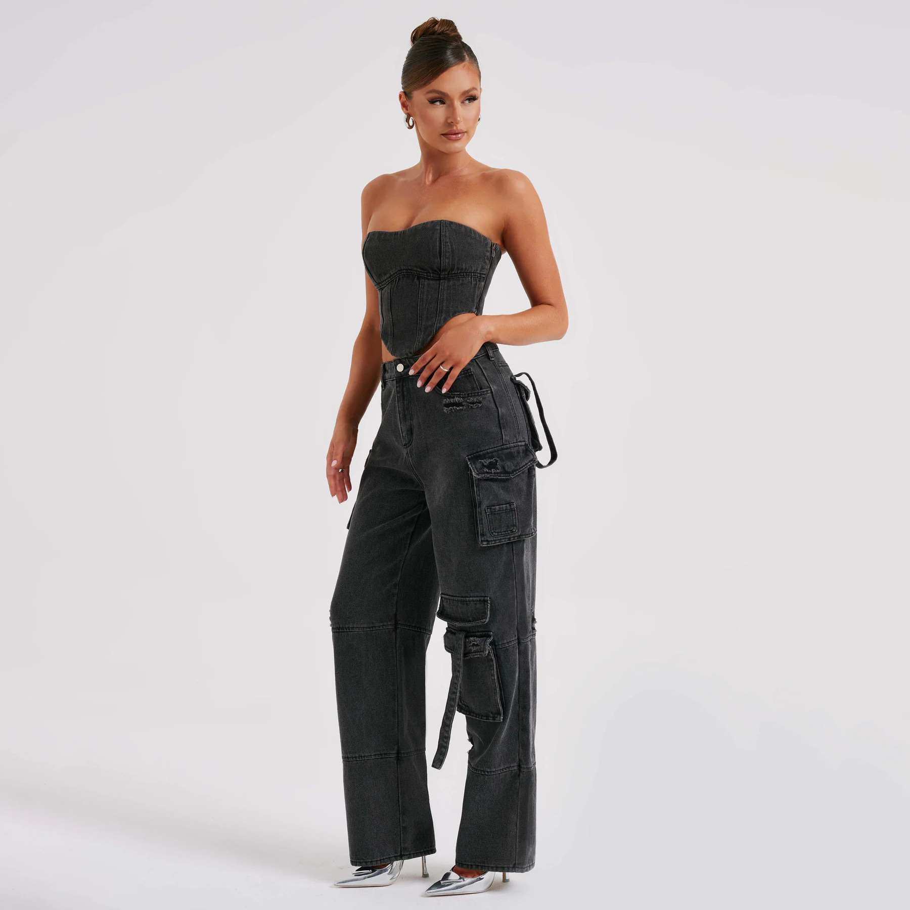 Denim-set - Tweedelige set voor dames met crop top en losse cargobroek-Hallo Susanne
