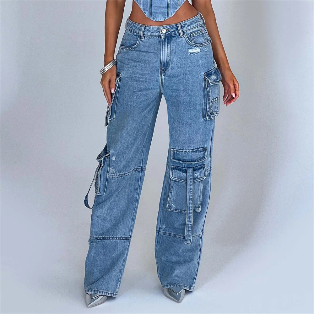Denim-set - Tweedelige set voor dames met crop top en losse cargobroek-Hallo Susanne