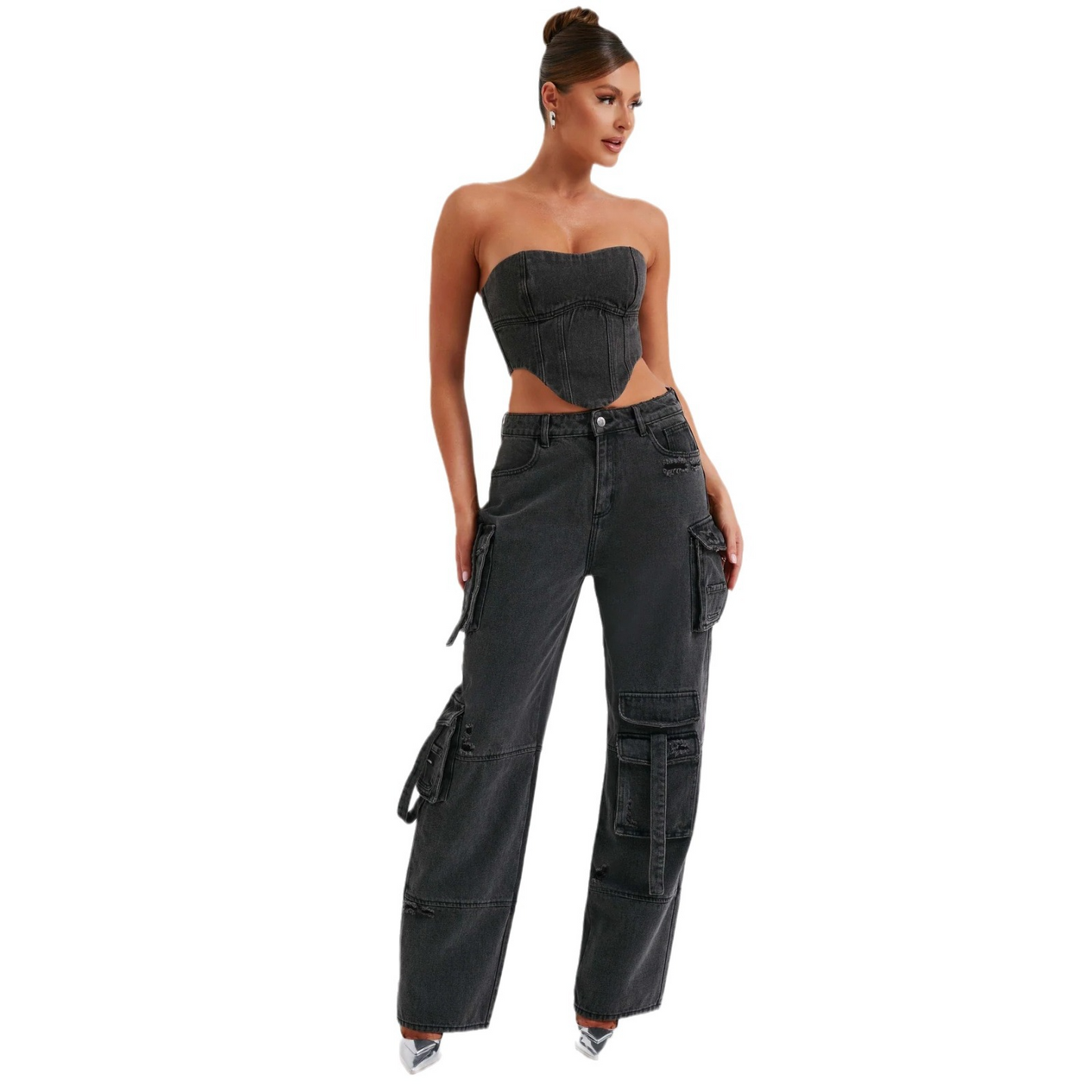Denim-set - Tweedelige set voor dames met crop top en losse cargobroek-Hallo Susanne