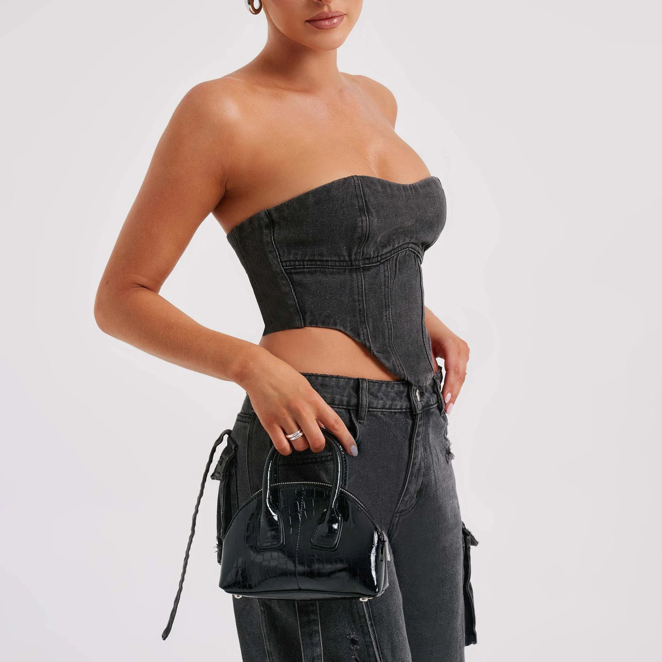 Denim-set - Tweedelige set voor dames met crop top en losse cargobroek-Hallo Susanne