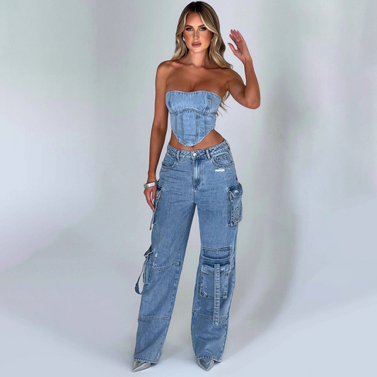 Denim-set - Tweedelige set voor dames met crop top en losse cargobroek-Hallo Susanne