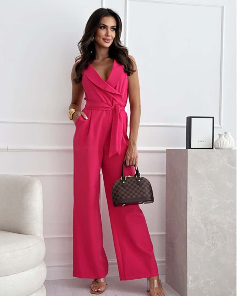 Elegante jumpsuit - Mouwloos - V-hals - Jumpsuit met wijde pijpen - Dameskleding-Hallo Susanne