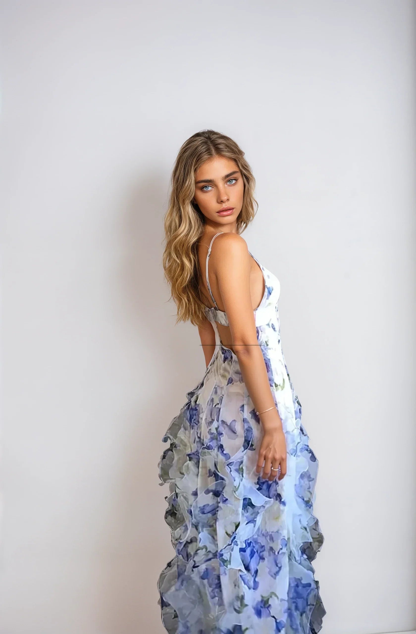 Florale Maxi-jurk - mouwloos - split - jurk met ruches - chiffon jurk-Hallo Susanne