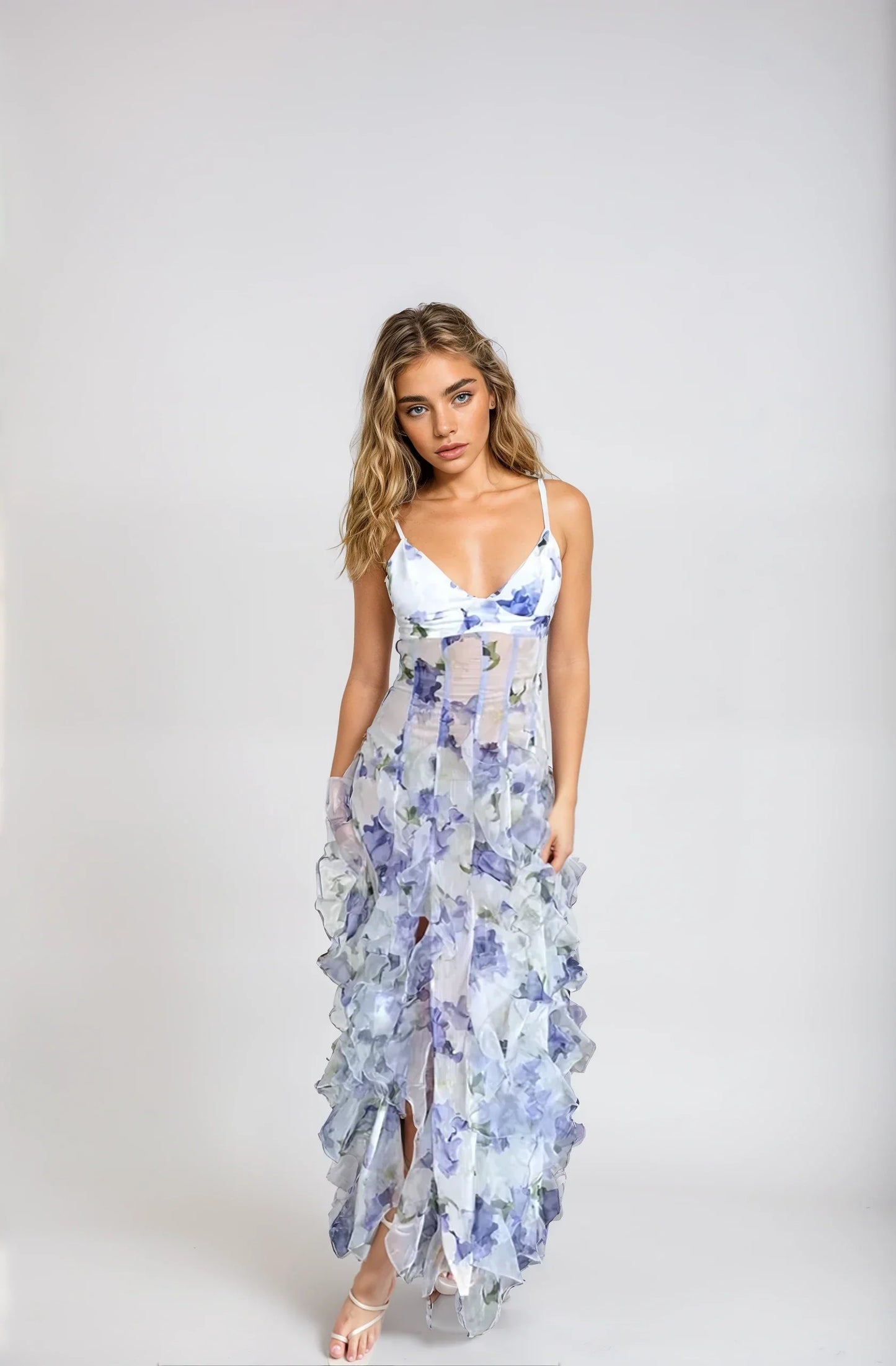 Florale Maxi-jurk - mouwloos - split - jurk met ruches - chiffon jurk-Hallo Susanne