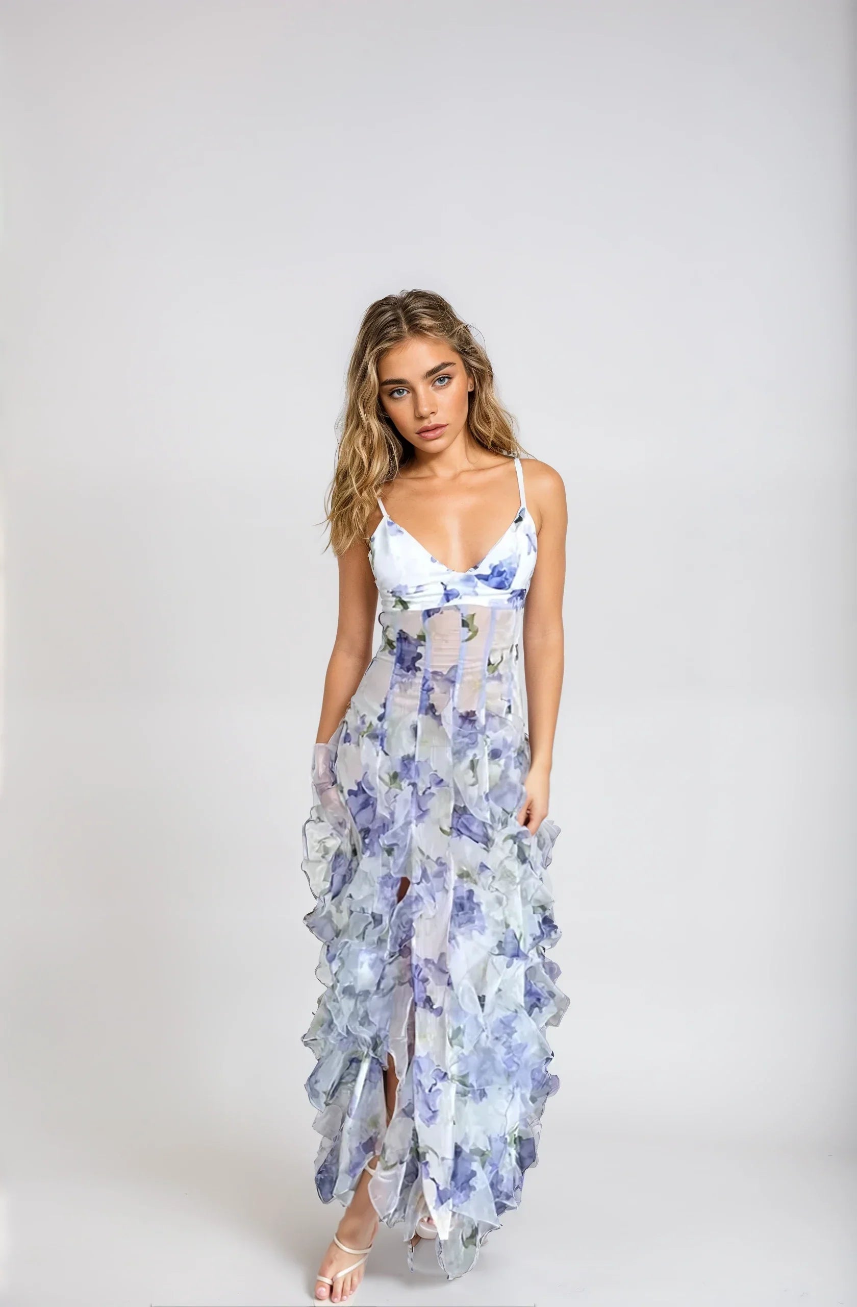 Florale Maxi-jurk - mouwloos - split - jurk met ruches - chiffon jurk-Hallo Susanne