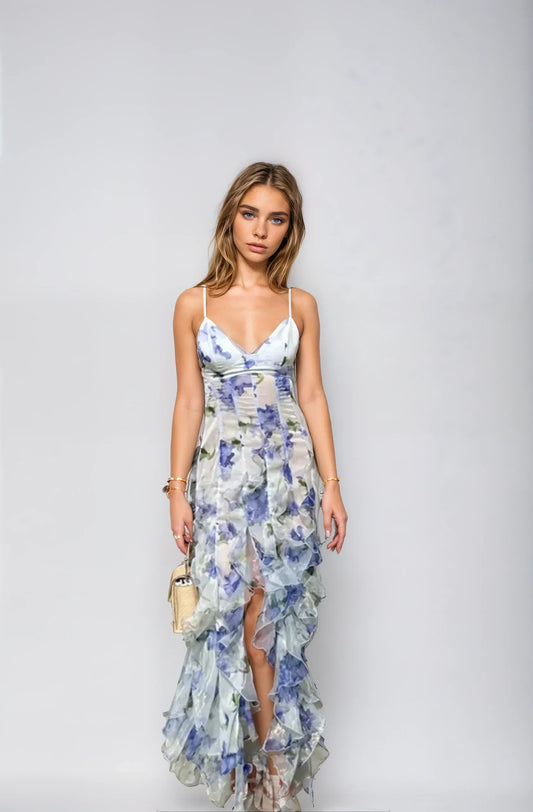 Florale Maxi-jurk - mouwloos - split - jurk met ruches - chiffon jurk-Hallo Susanne