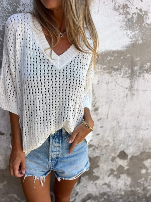 Gebreide Blouse - Losjes model - V-hals - Gebreide top met korte mouwen - Gebreide damestop-Hallo Susanne