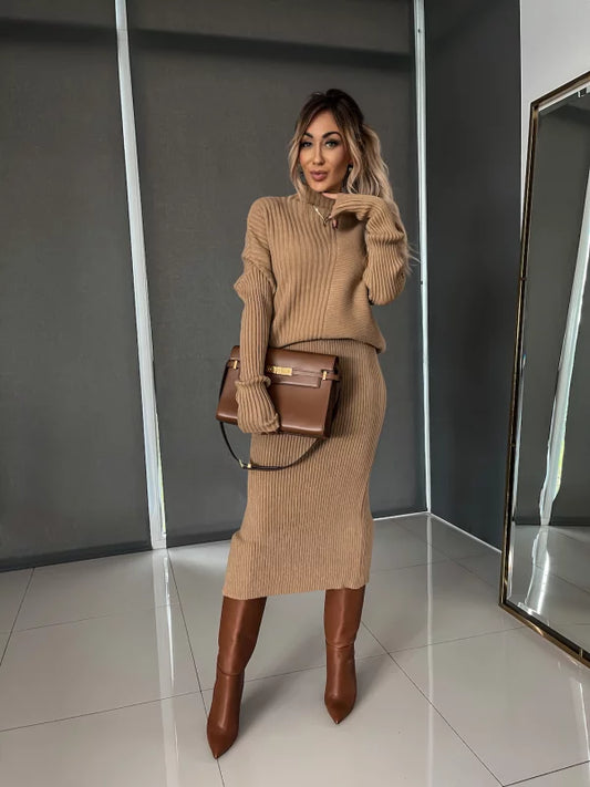 Gebreide Co-Ord - Dames Midi-rok en gebreide trui tweedelige set-Hallo Susanne
