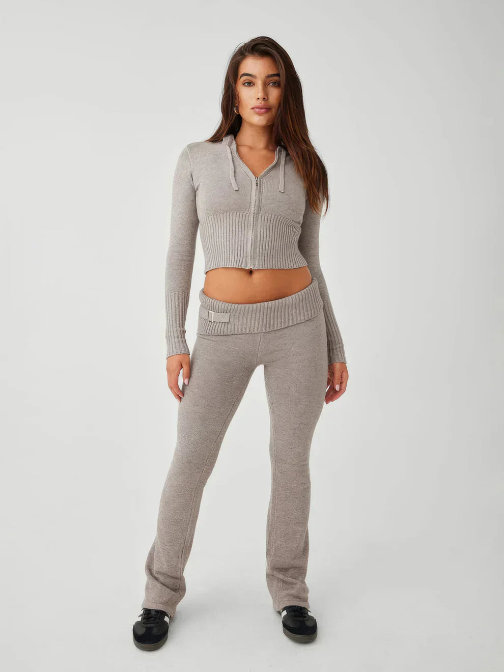 Gebreide Loungewear Set - Dames Ritssluiting Vest en gebreide broek tweedelige set-Hallo Susanne