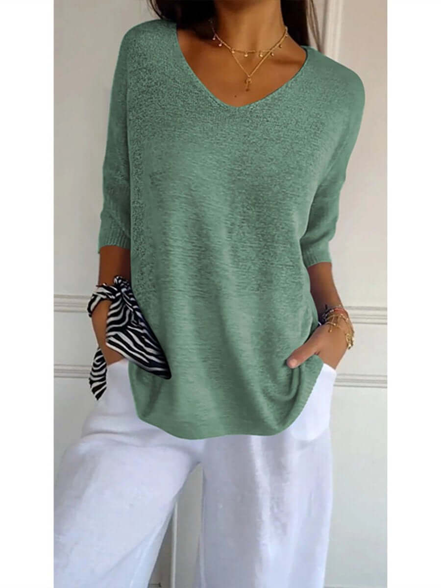 Gebreide blouse - Dames Trui met halve mouwen en losse V-hals-Hallo Susanne