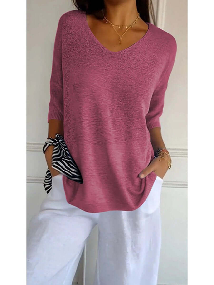 Gebreide blouse - Dames Trui met halve mouwen en losse V-hals-Hallo Susanne