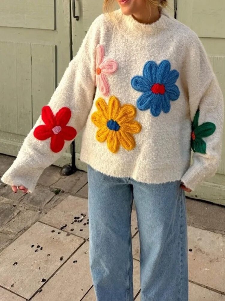 Gebreide trui - Trui met hoge hals en witte bloemen-Hallo Susanne