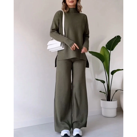 Geribde tweedelige set | Coltrui | Wijde pijpen | Samengestelde set | Dames Loungewear-Hallo Susanne