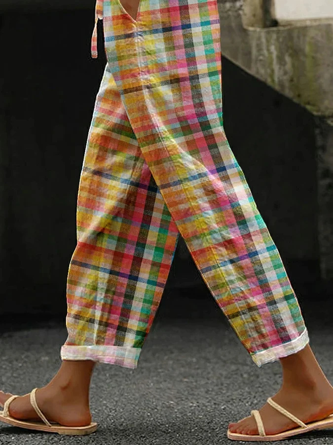 Geruite Broek - Casual lichtgewicht linnen broek voor dames-Hallo Susanne