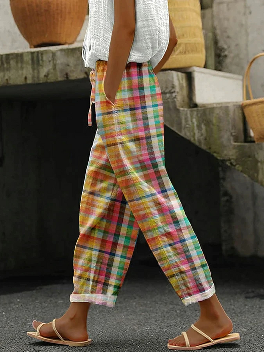 Geruite Broek - Casual lichtgewicht linnen broek voor dames-Hallo Susanne