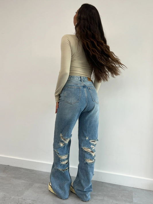 Gescheurde jeans - Losse pasvorm - Rechte pijpen - Jeans met hoge taille - Dames Jeans-Hallo Susanne