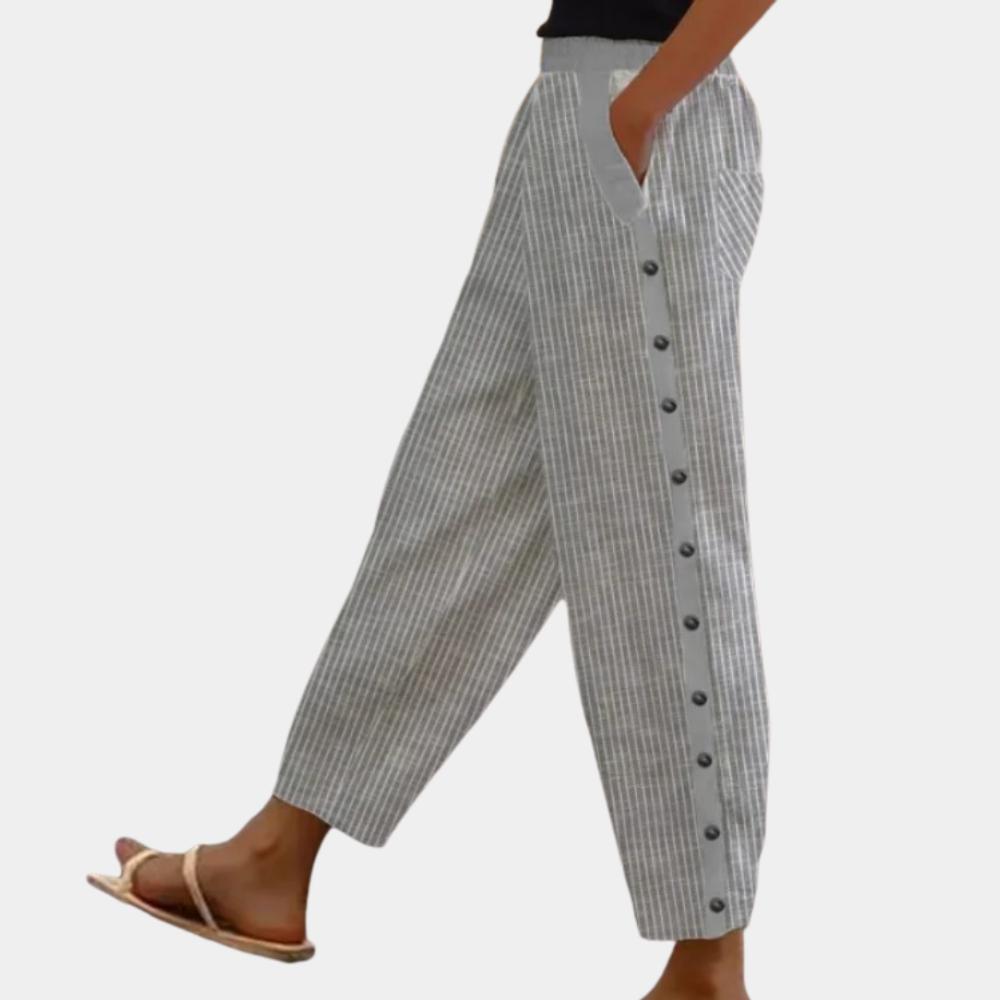 Gestreepte Broek - Losvallende linnen broek met knopen aan de zijkant voor dames, perfect voor de zomer-Hallo Susanne