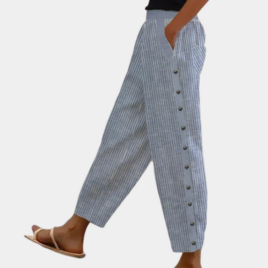 Gestreepte Broek - Losvallende linnen broek met knopen aan de zijkant voor dames, perfect voor de zomer-Hallo Susanne