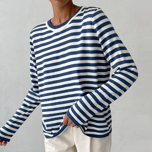 Gestreepte Trui | Ronde Hals | Dunne | Oversized Lange Mouwen | Damestruien-Hallo Susanne