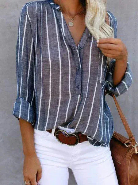 Gestreepte blouse | Lange mouwen | Losse pasvorm | Blouse met knopen | Damesblouses-Hallo Susanne