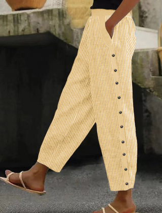 Gestreepte broek | Casual | Knoop aan de zijkant | Losvallende broek | Damesbroek-Hallo Susanne