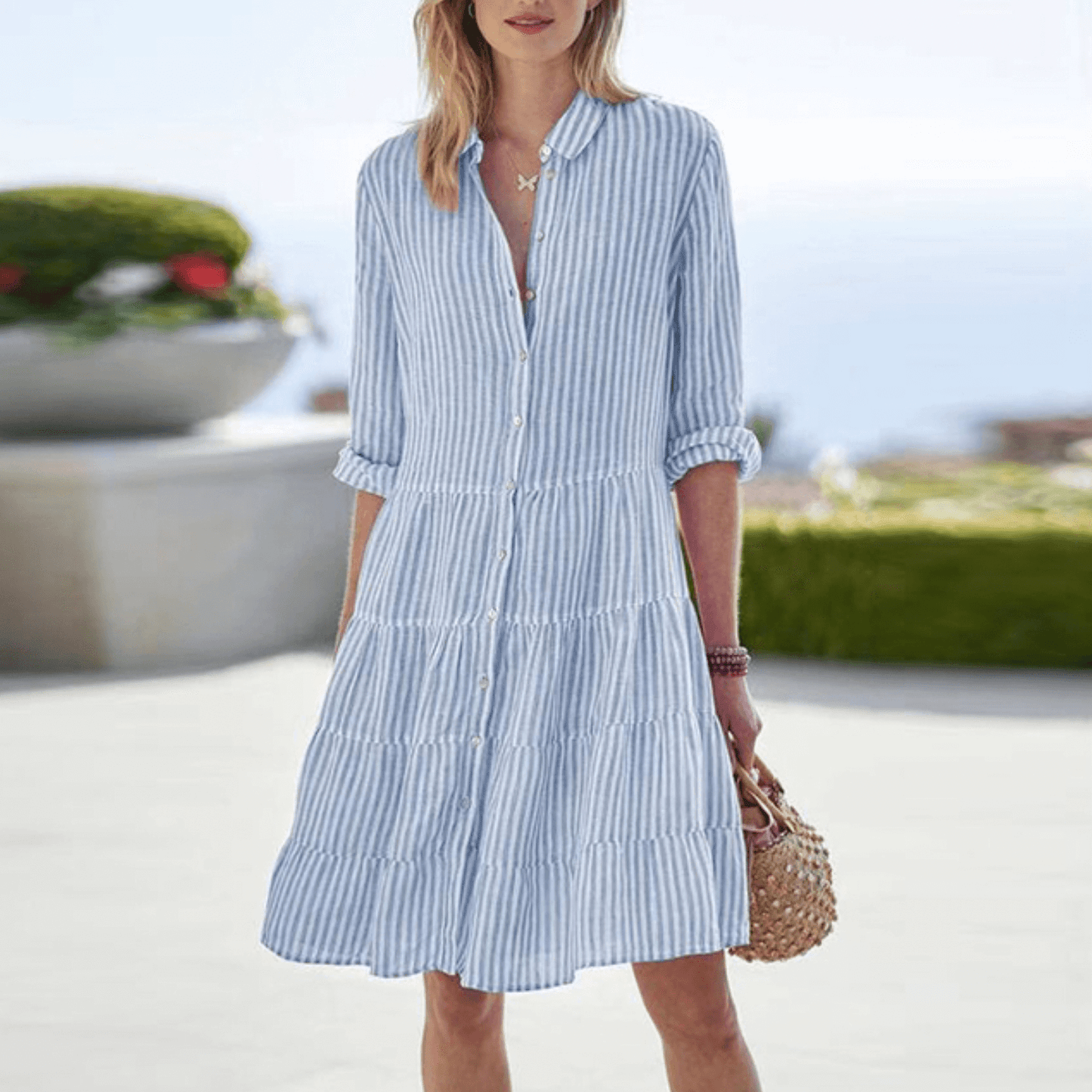 Gestreepte jurk - Zomerjurk met lange mouwen en knoopsluiting voor dames-Hallo Susanne